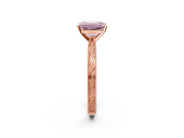 Rose gold Fancy Pink Emerald Cut Solitaire Milgrain Engraved Band with Four-Prong Setting