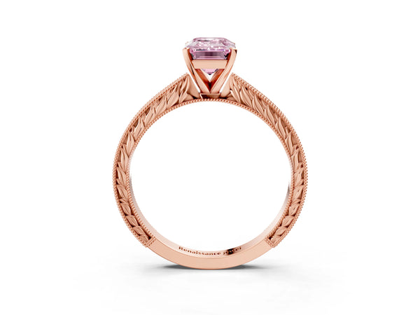 Rose gold Fancy Pink Emerald Cut Solitaire Milgrain Engraved Band with Four-Prong Setting