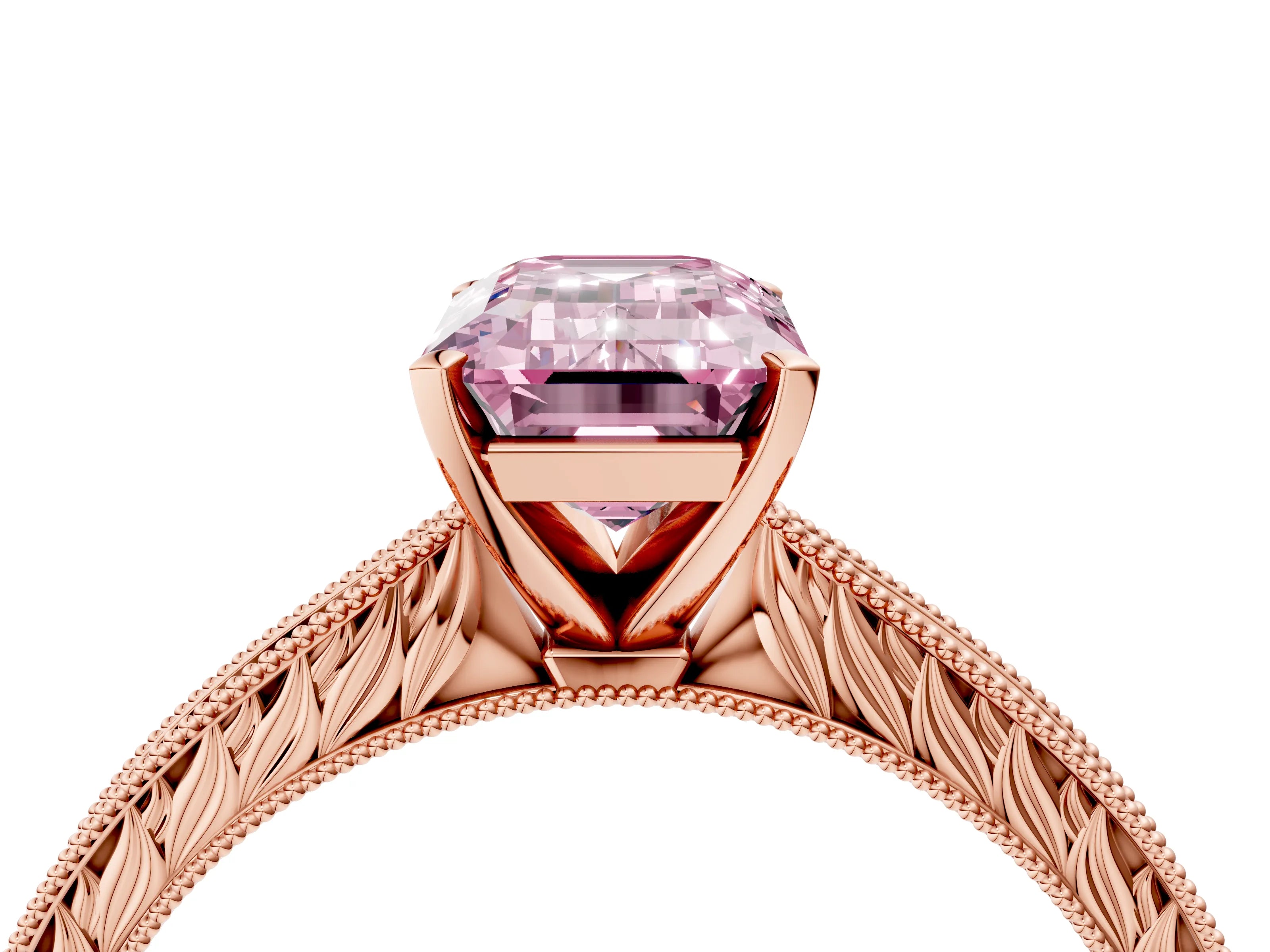 Rose gold Fancy Pink Emerald Cut Solitaire Milgrain Engraved Band with Four-Prong Setting_4