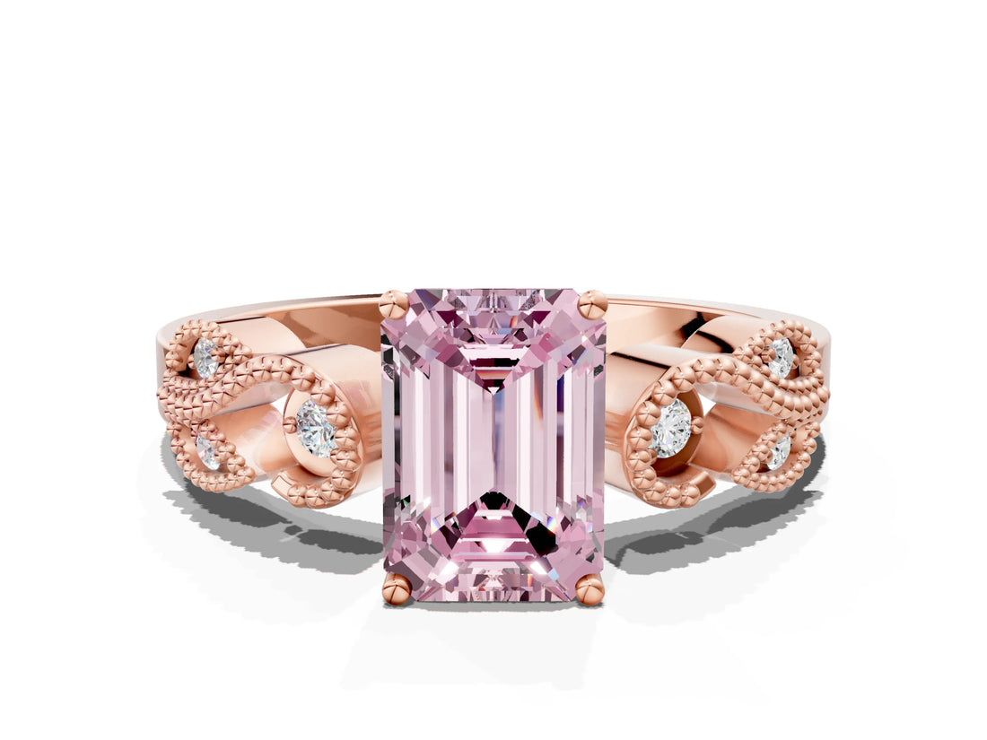 Rose gold Fancy Pink Emerald Cut Solitaire Milgrain Leaf Band with Prong Setting