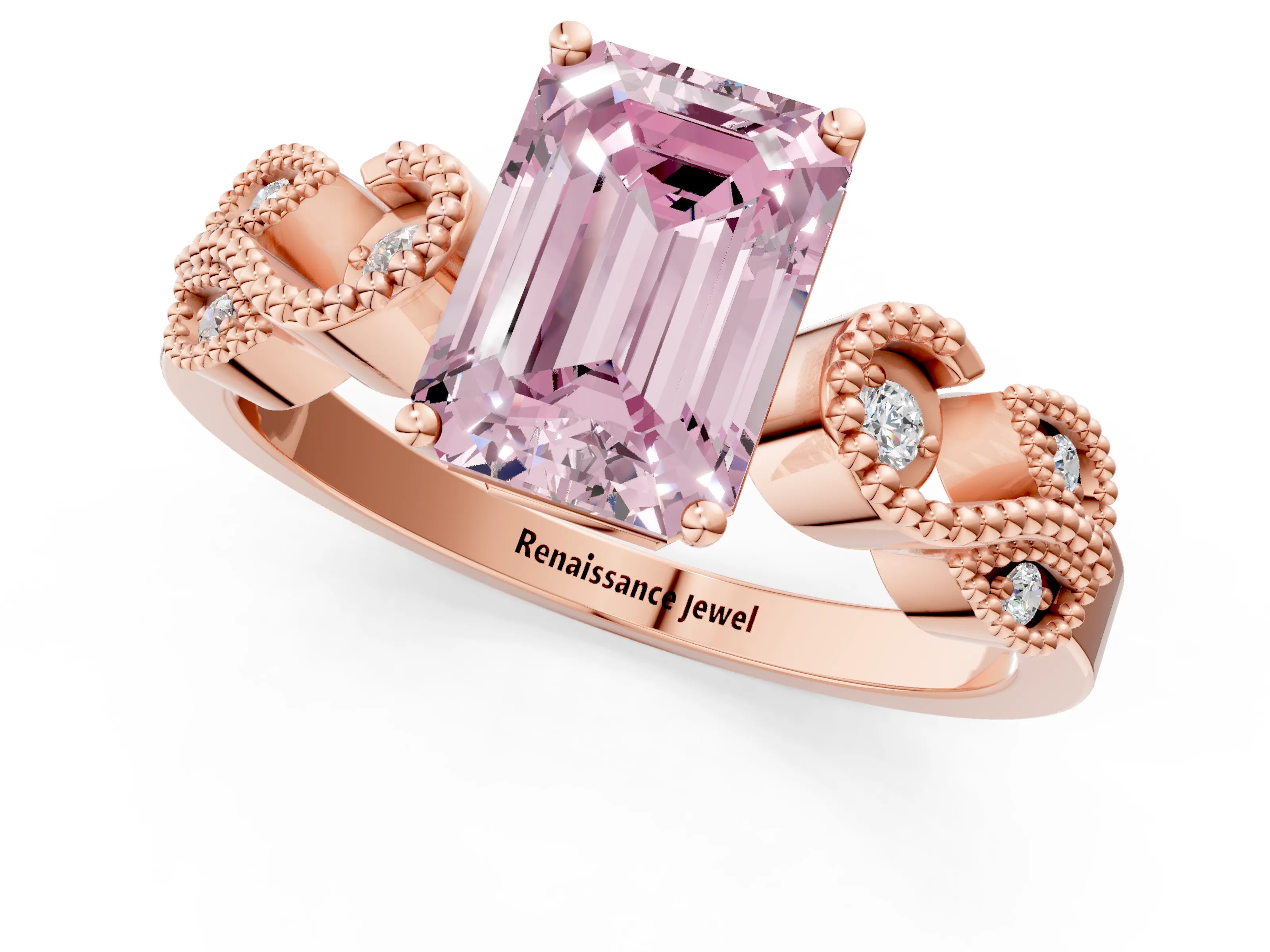 Rose gold Fancy Pink Emerald Cut Solitaire Milgrain Leaf Band with Prong Setting_1