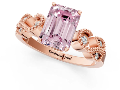 Rose gold Fancy Pink Emerald Cut Solitaire Milgrain Leaf Band with Prong Setting_1