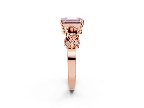 Rose gold Fancy Pink Emerald Cut Solitaire Milgrain Leaf Band with Prong Setting_2