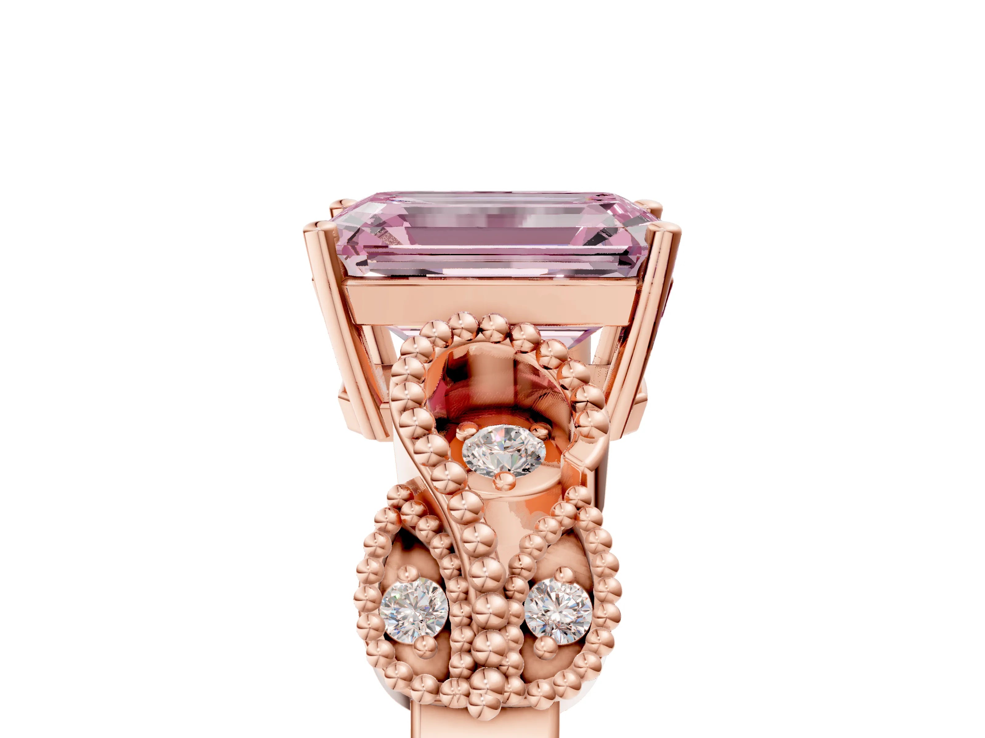 Rose gold Fancy Pink Emerald Cut Solitaire Milgrain Leaf Band with Prong Setting_5