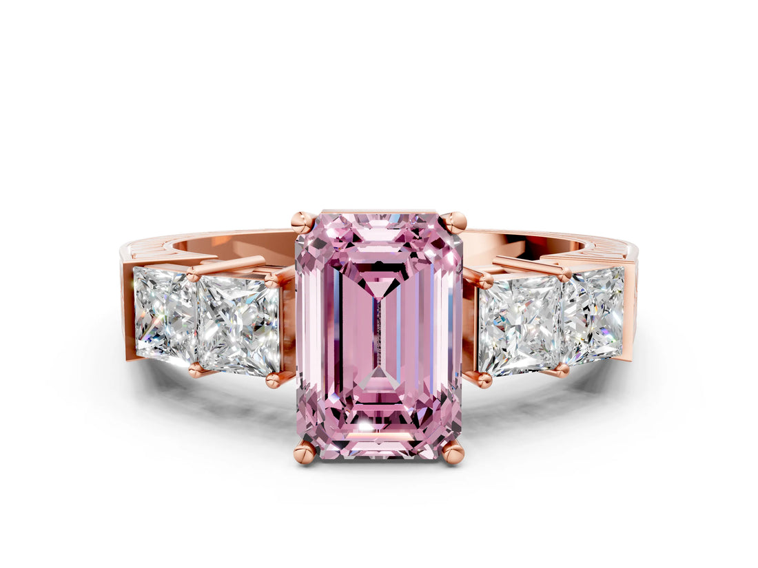 Rose gold Fancy Pink Emerald Cut Solitaire Princess Side Stone Engraved Band Prong Setting Ring