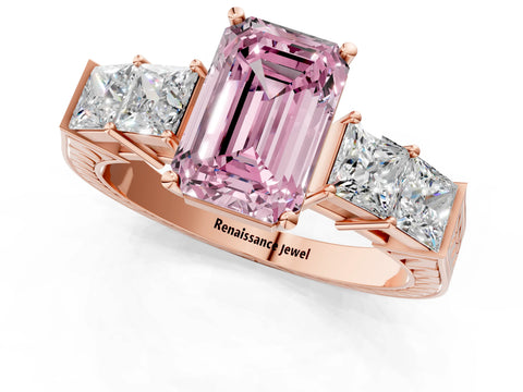 Rose gold Fancy Pink Emerald Cut Solitaire Princess Side Stone Engraved Band Prong Setting Ring_1