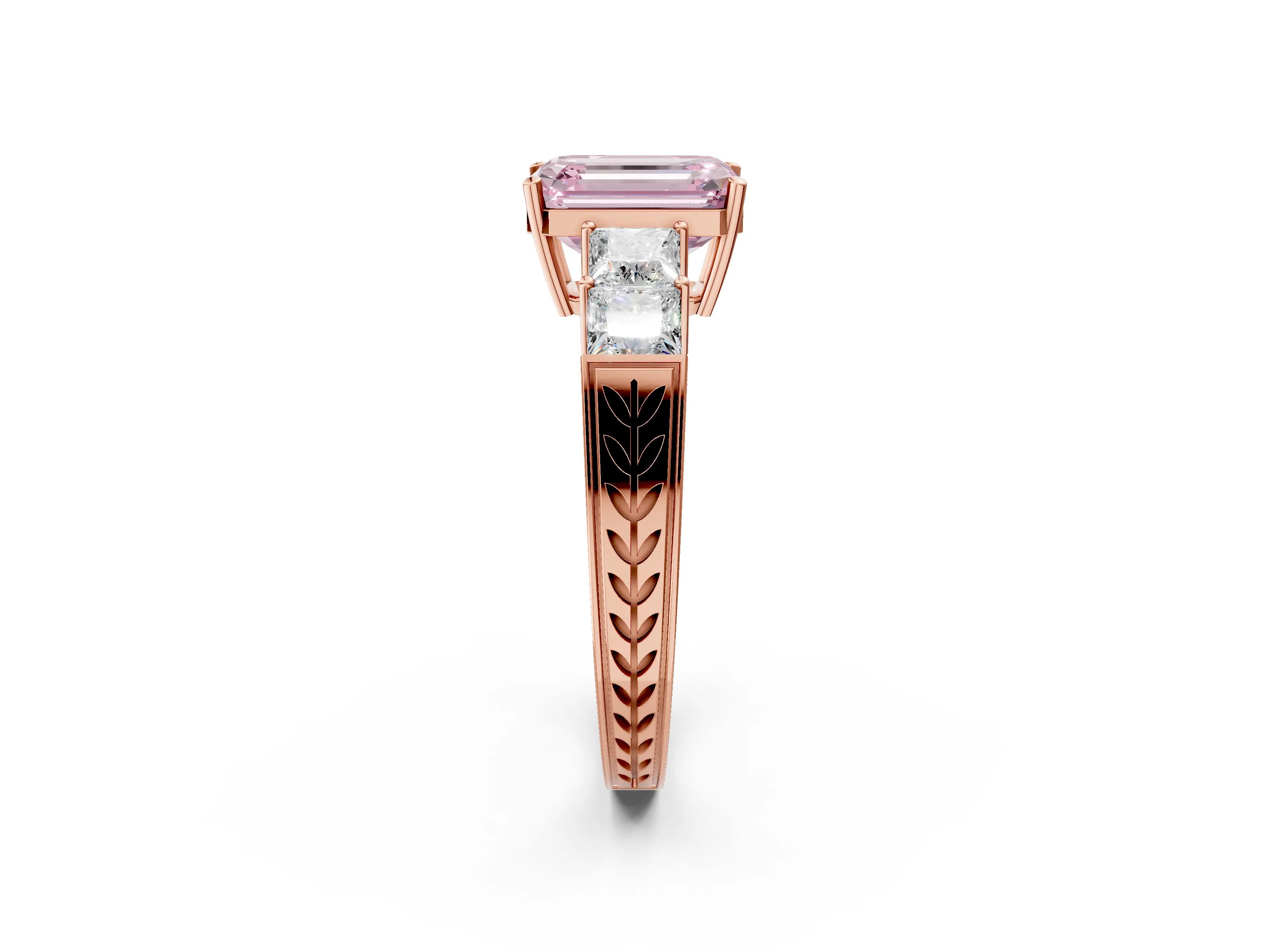 Rose gold Fancy Pink Emerald Cut Solitaire Princess Side Stone Engraved Band Prong Setting Ring_2