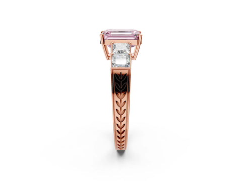 Rose gold Fancy Pink Emerald Cut Solitaire Princess Side Stone Engraved Band Prong Setting Ring_2