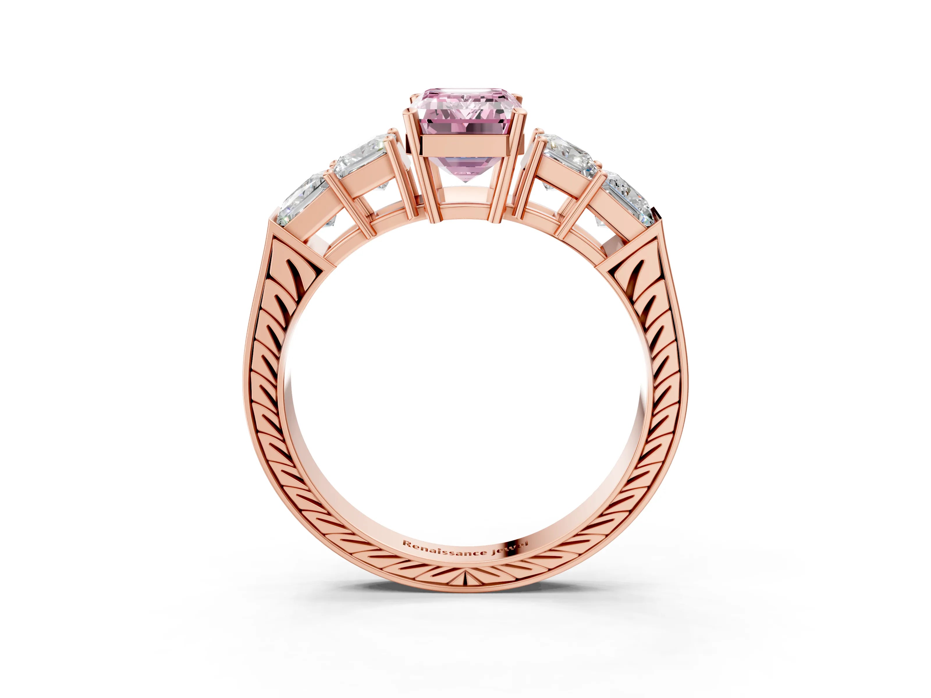 Rose gold Fancy Pink Emerald Cut Solitaire Princess Side Stone Engraved Band Prong Setting Ring_3