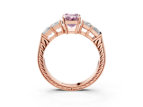 Rose gold Fancy Pink Emerald Cut Solitaire Princess Side Stone Engraved Band Prong Setting Ring_3