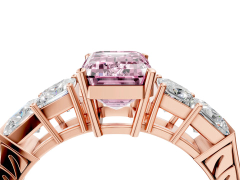 Rose gold Fancy Pink Emerald Cut Solitaire Princess Side Stone Engraved Band Prong Setting Ring_4