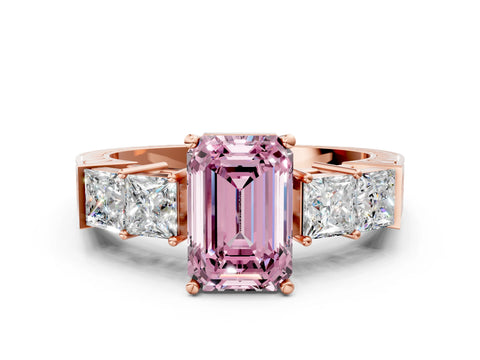 Rose gold Fancy Pink Emerald Cut Solitaire Princess Side Stone Engraved Band Prong Setting Ring