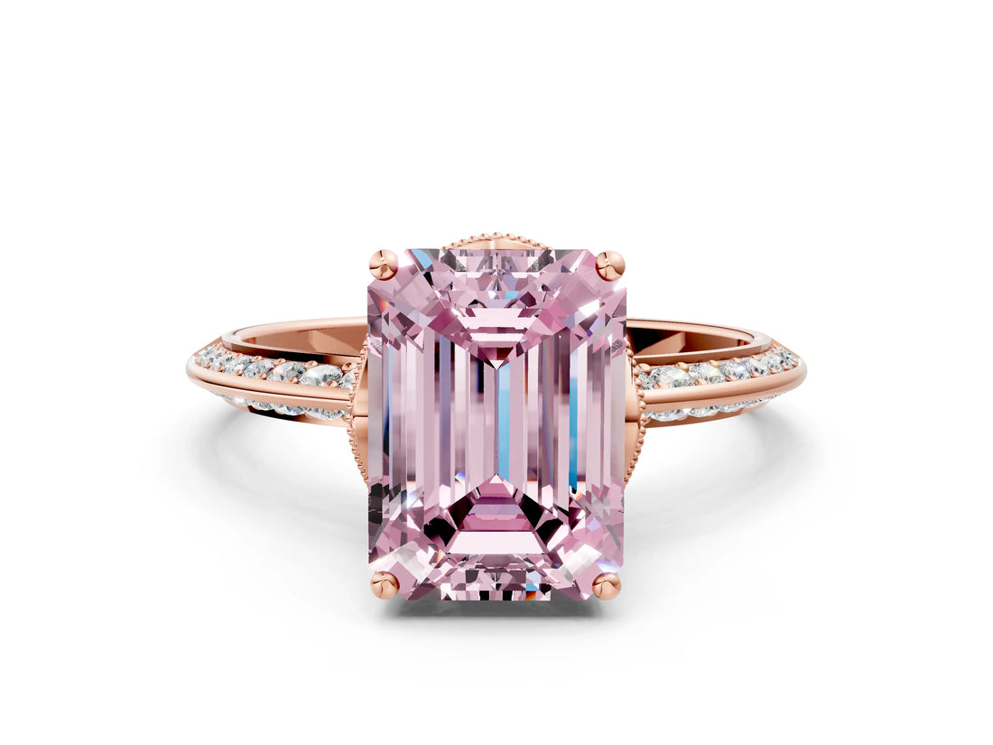 Rose gold Fancy Pink Emerald Cut Solitaire Split Shank Pave Diamond Engagement Ring with Four-Prong Setting