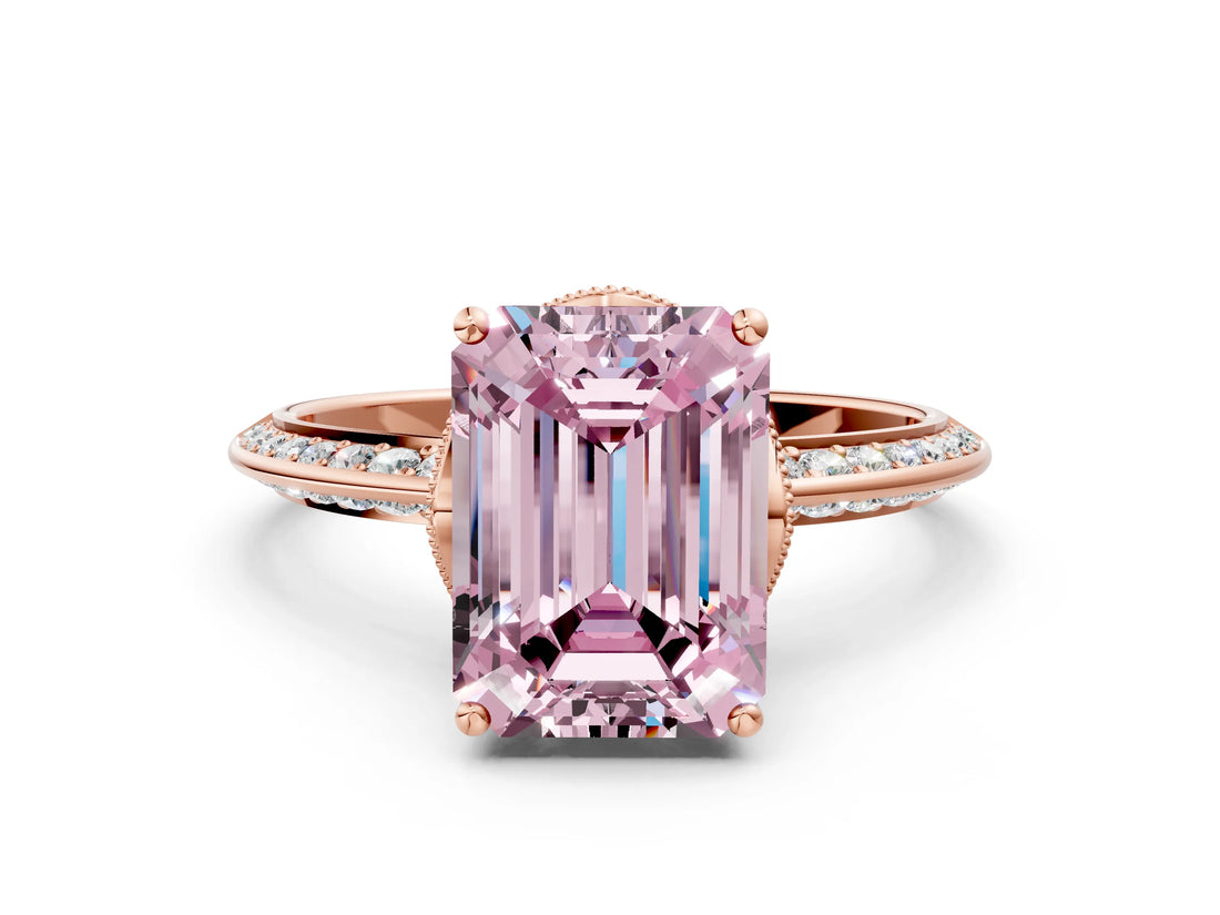 Rose gold Fancy Pink Emerald Cut Solitaire Split Shank Pave Diamond Engagement Ring with Four-Prong Setting_24