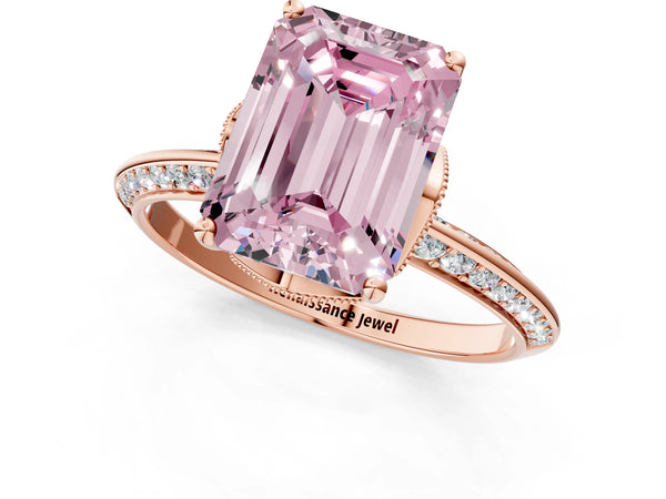 Rose Gold Emerald Cut Graduated Pave Engagement Ring Setting for Fancy Pink Center