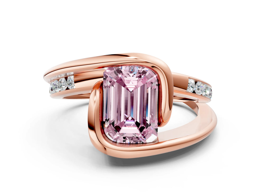Rose gold Fancy Pink Emerald Cut Solitaire Tension-Set Diamond Split Shank Ring