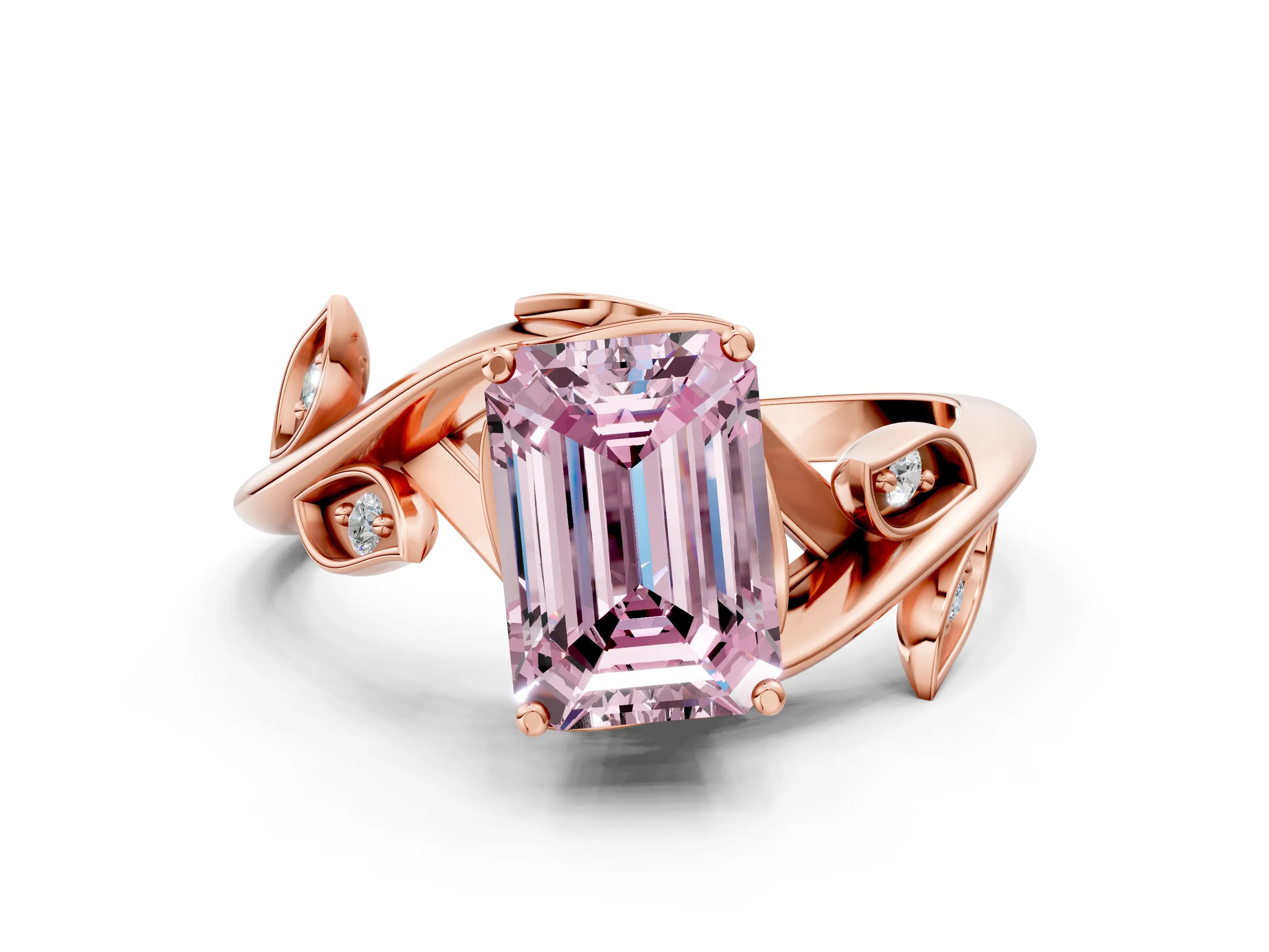 Rose gold Fancy Pink Emerald Cut Solitaire Twist Engagement Ring with Leaf Accents and Prong Setting_12