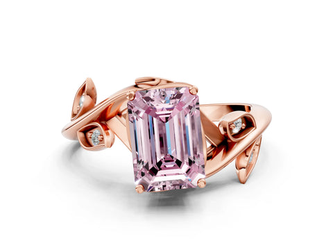 Rose gold Fancy Pink Emerald Cut Solitaire Twist Engagement Ring with Leaf Accents and Prong Setting_12
