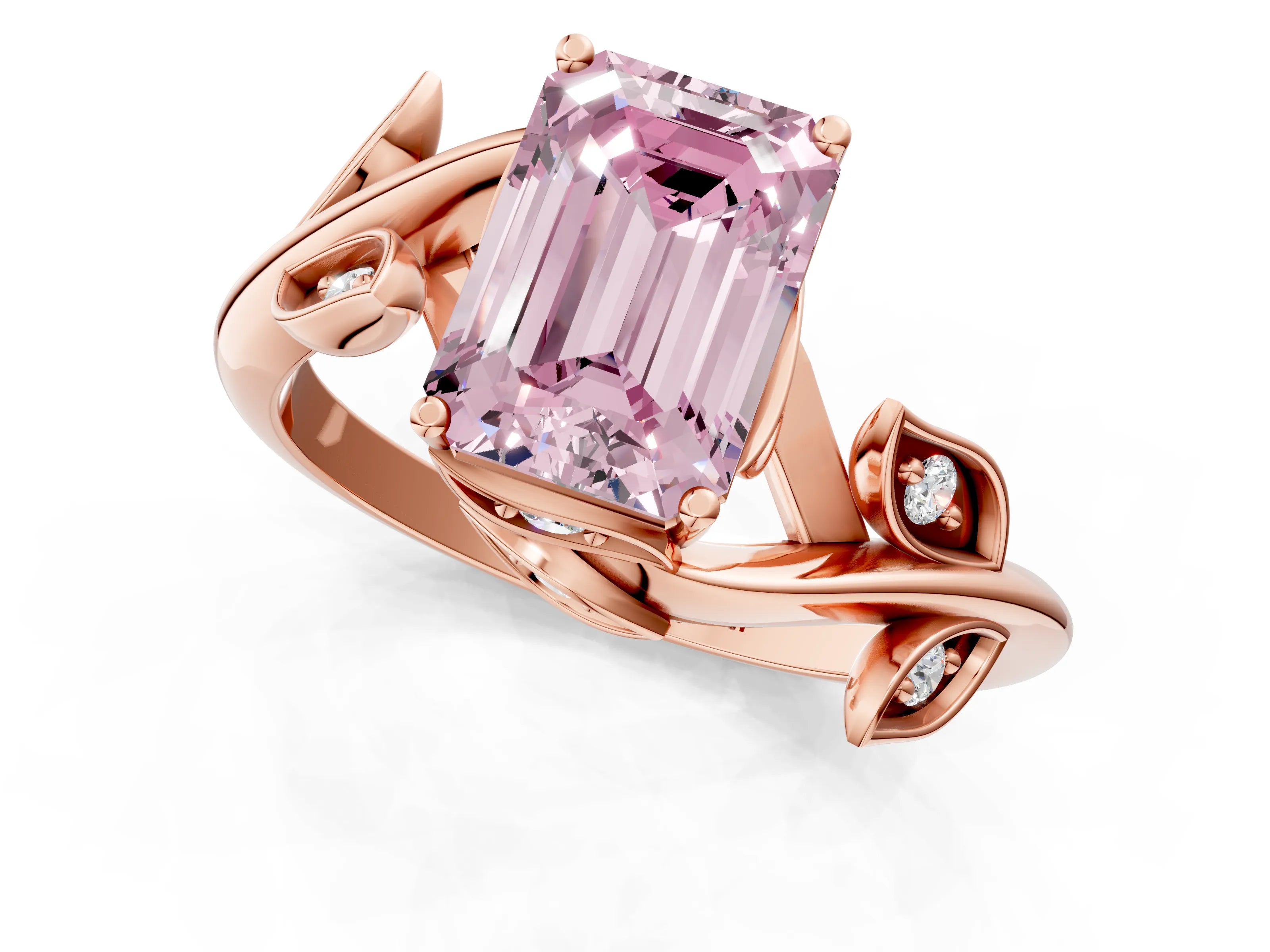 Rose gold Fancy Pink Emerald Cut Solitaire Twist Engagement Ring with Leaf Accents and Prong Setting_13