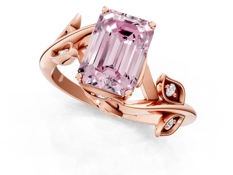 Rose gold Fancy Pink Emerald Cut Solitaire Twist Engagement Ring with Leaf Accents and Prong Setting_13