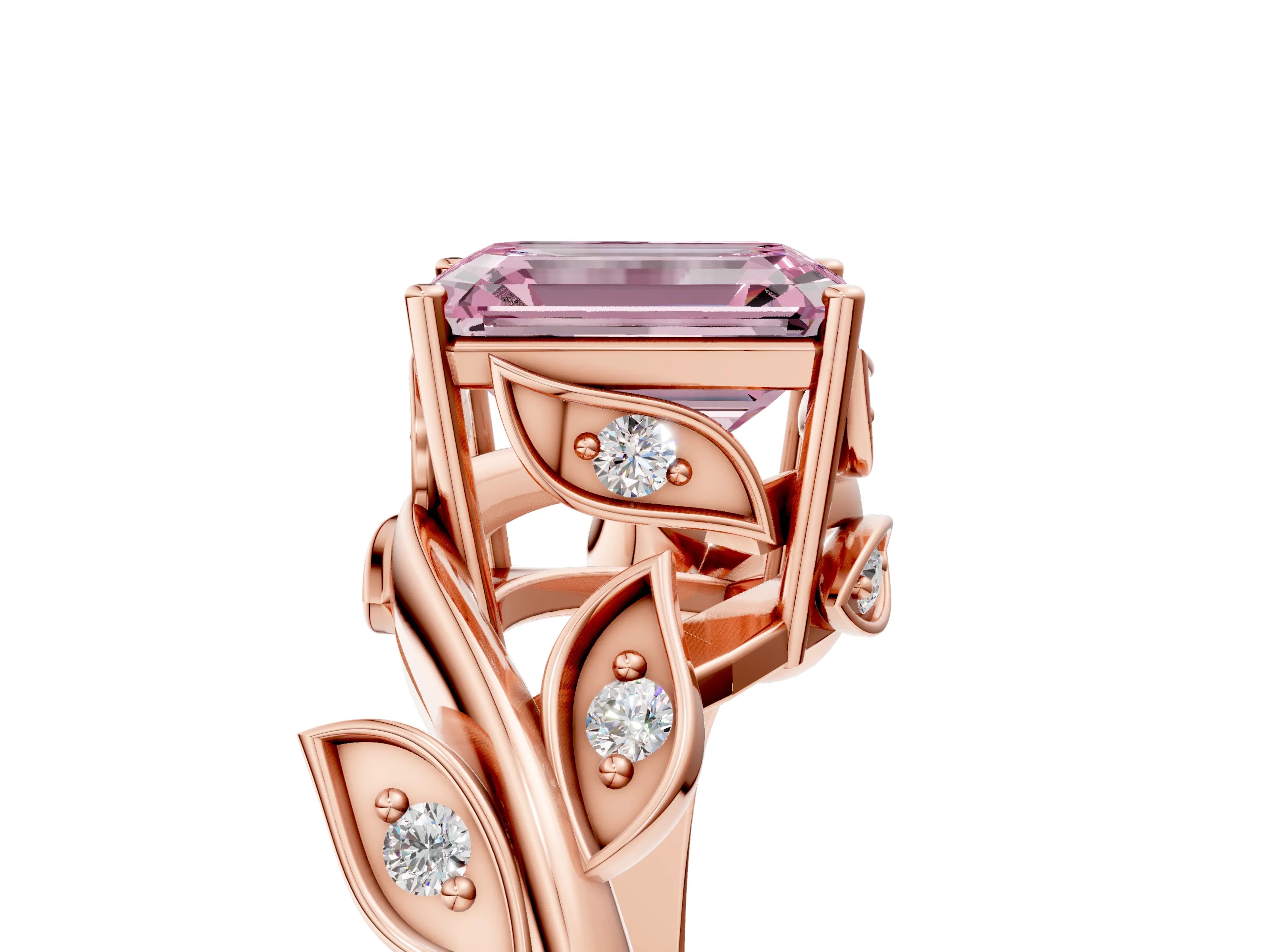 Rose gold Fancy Pink Emerald Cut Solitaire Twist Engagement Ring with Leaf Accents and Prong Setting_17