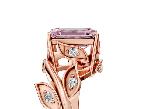 Rose gold Fancy Pink Emerald Cut Solitaire Twist Engagement Ring with Leaf Accents and Prong Setting_17