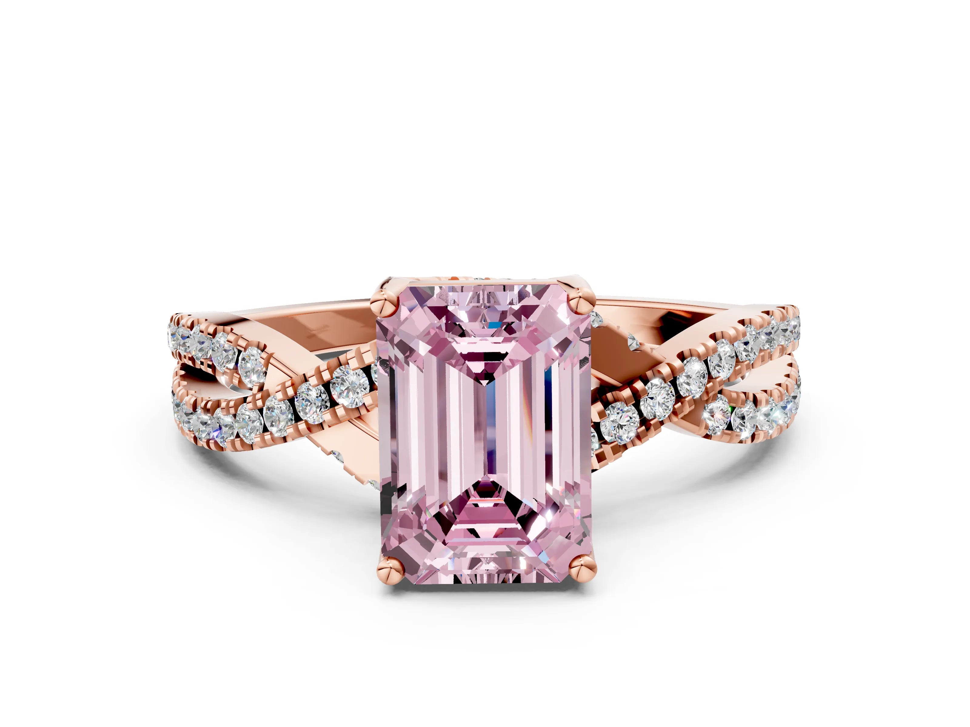 Rose gold Fancy Pink Emerald Cut Solitaire Twist Pave Diamond Engagement Ring with Prong Setting