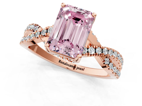 Rose gold Fancy Pink Emerald Cut Solitaire Twist Pave Diamond Engagement Ring with Prong Setting_1