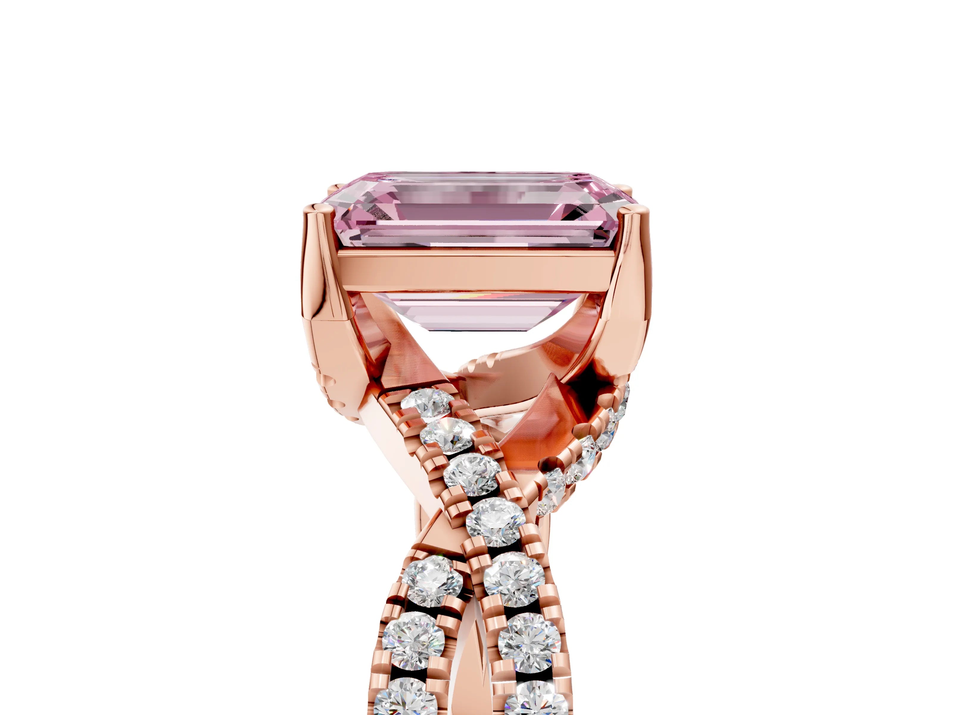 Rose gold Fancy Pink Emerald Cut Solitaire Twist Pave Diamond Engagement Ring with Prong Setting_5