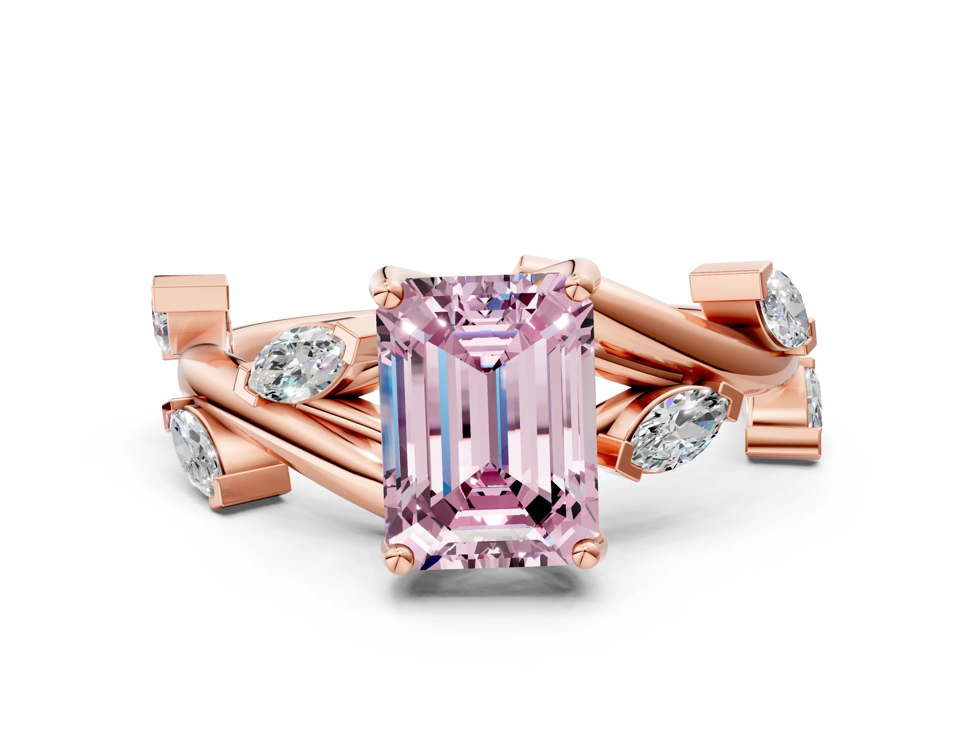 Rose gold Fancy Pink Emerald Cut Solitaire Twisted Band Marquise Accent Prong Setting Ring