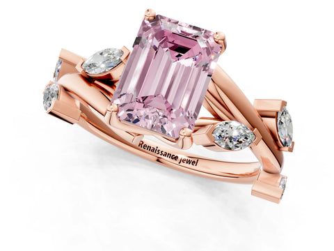 Rose gold Fancy Pink Emerald Cut Solitaire Twisted Band Marquise Accent Prong Setting Ring_1