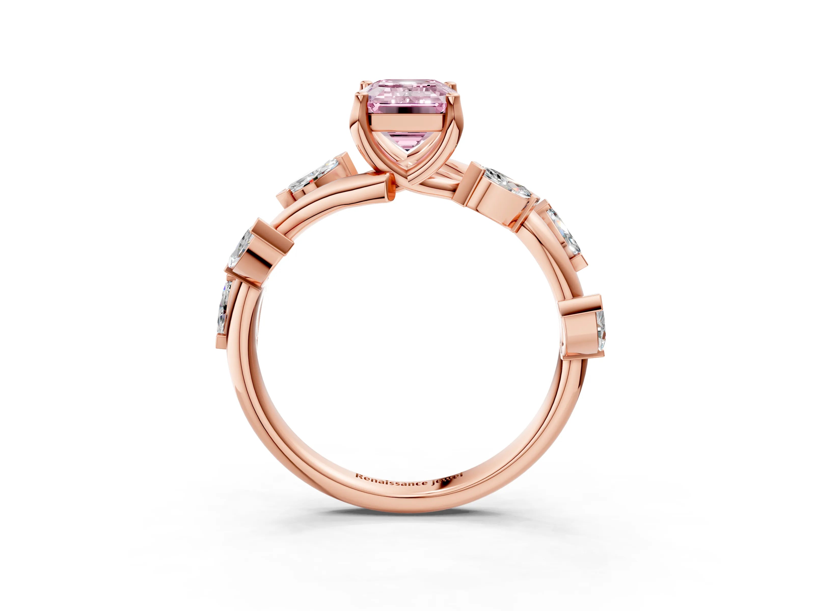 Rose gold Fancy Pink Emerald Cut Solitaire Twisted Band Marquise Accent Prong Setting Ring_3