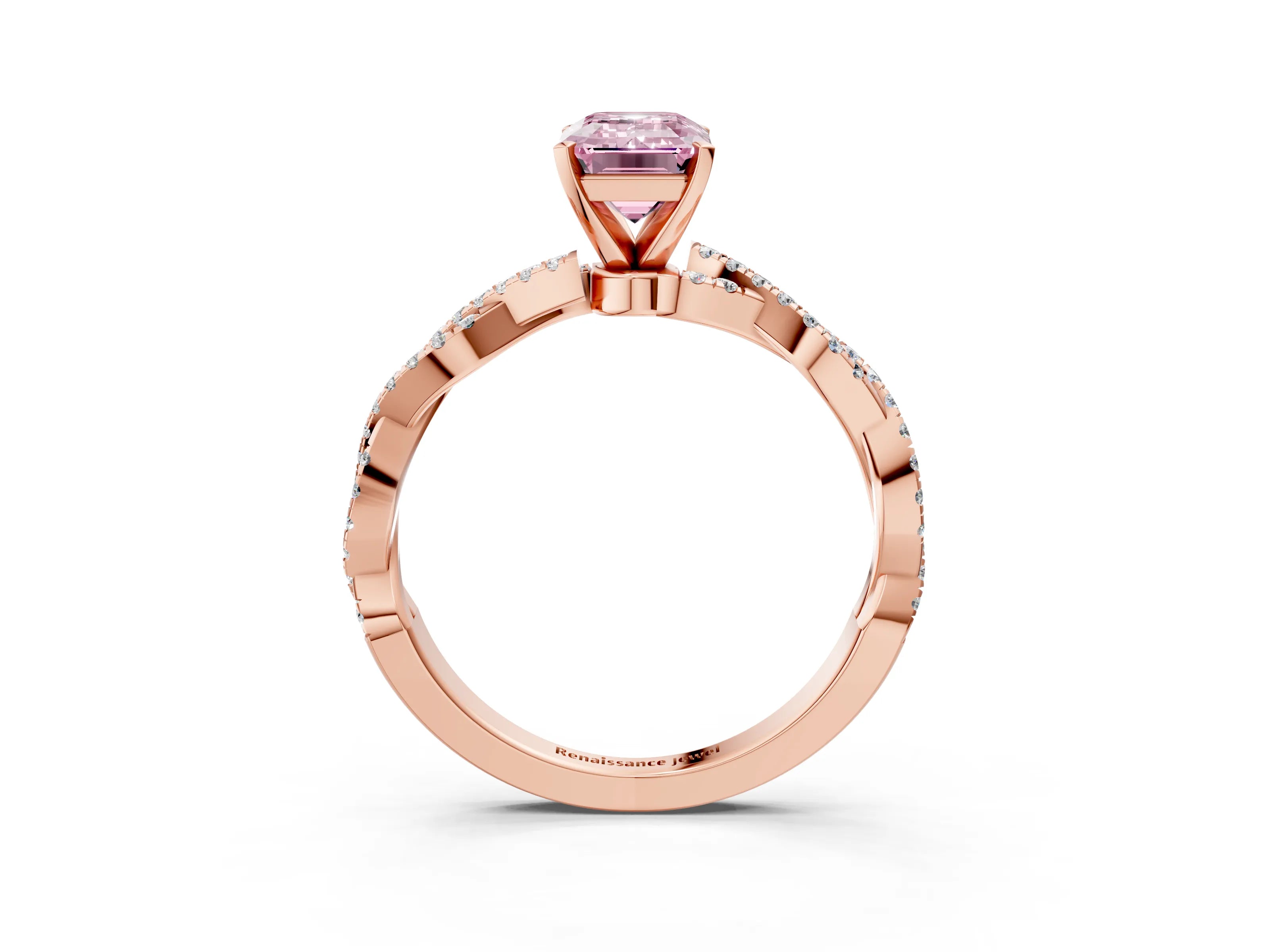Rose gold Fancy Pink Emerald Cut Solitaire Twisted Pave Band with Four-Prong Setting_6