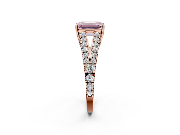 Rose gold Fancy Pink Emerald  Cut Split Shank Pave Diamond Engagement Ring with Four-Prong Setting