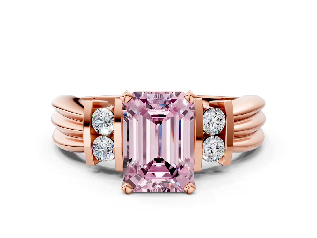 Rose gold Fancy Pink Emerald  Cut Three-Stone Channel Set Ring with Bar Prongs_53