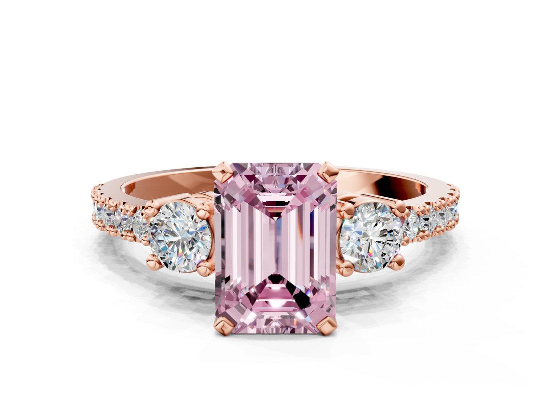 Rose gold Fancy Pink Emerald  Cut Three-Stone Diamond Pavé Band with Prong Setting_16