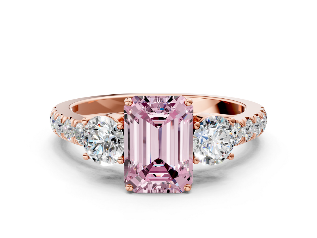 Rose gold Fancy Pink Emerald  Cut Three-Stone Diamond Pave Band with Prong Setting_37
