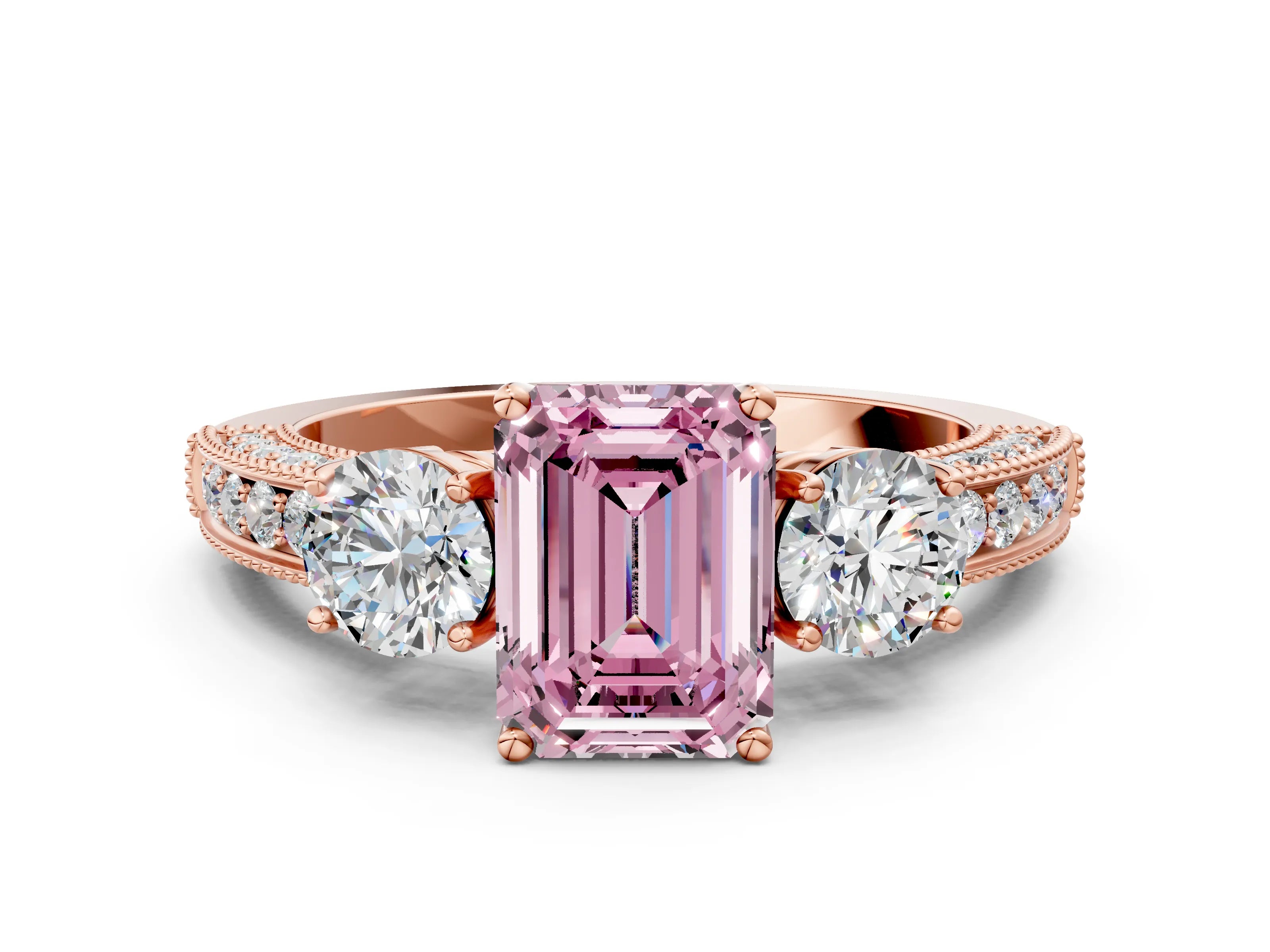 Rose gold Fancy Pink Emerald Cut Three-Stone Diamond Ring with Pavé Band and Four-Prong Setting