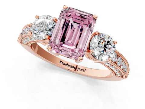 Rose gold Fancy Pink Emerald Cut Three-Stone Diamond Ring with Pavé Band and Four-Prong Setting_1
