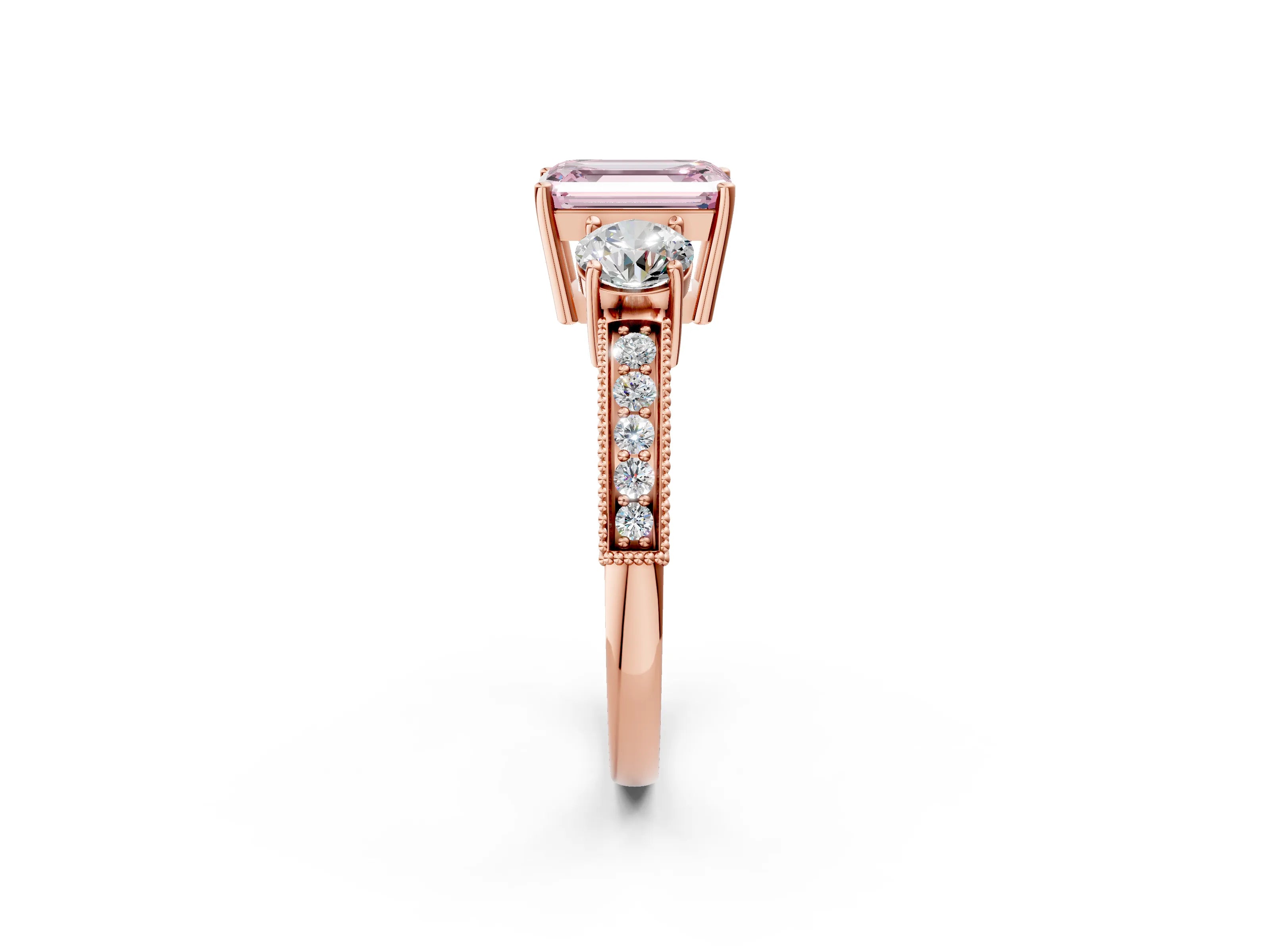 Rose gold Fancy Pink Emerald Cut Three-Stone Diamond Ring with Pavé Band and Four-Prong Setting_2