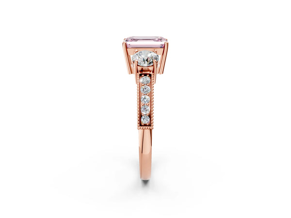 Rose Gold Emerald Cut Graduated Three Stone Engagement Ring Setting for Fancy Pink Center
