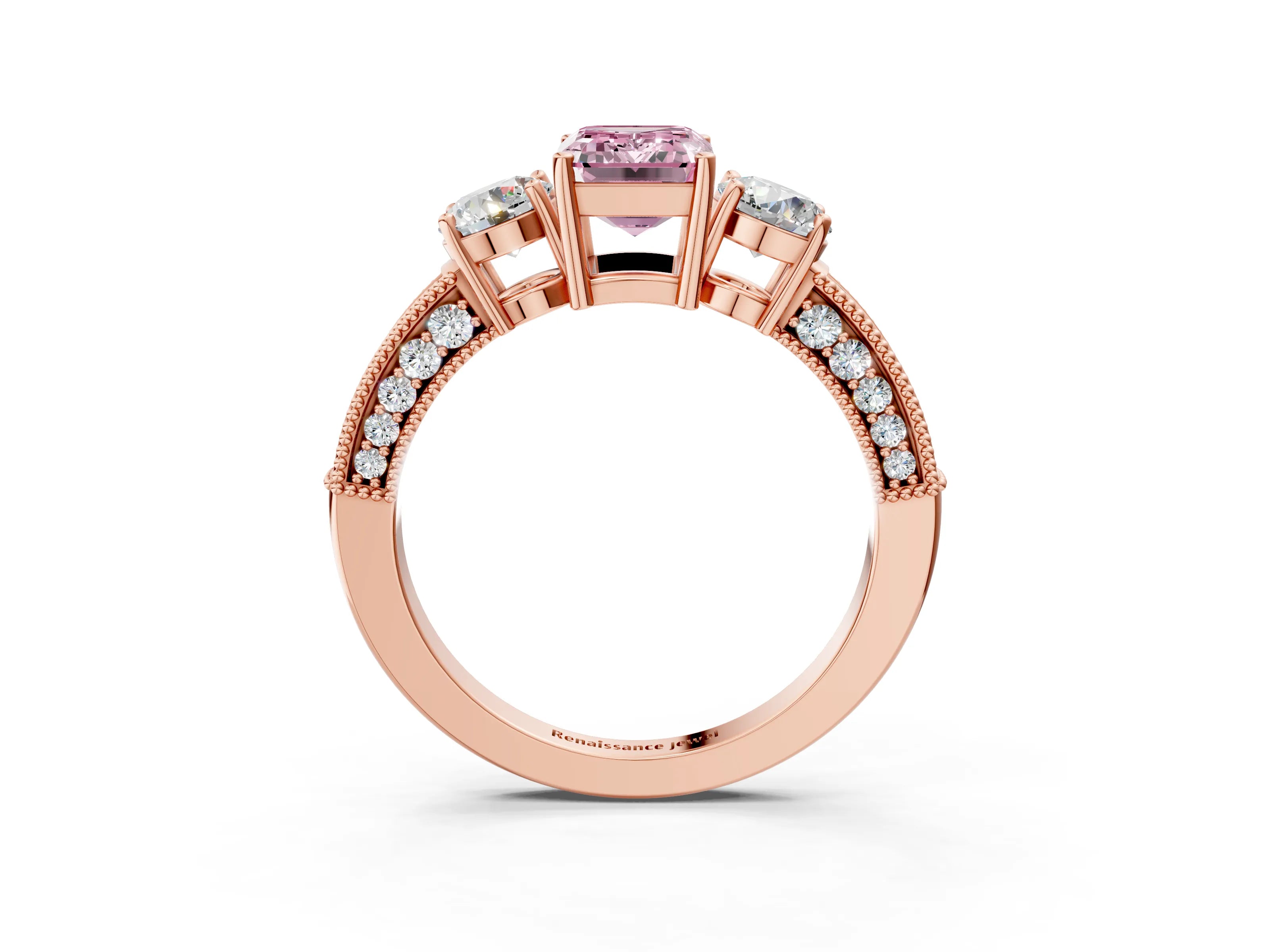 Rose gold Fancy Pink Emerald Cut Three-Stone Diamond Ring with Pavé Band and Four-Prong Setting_3