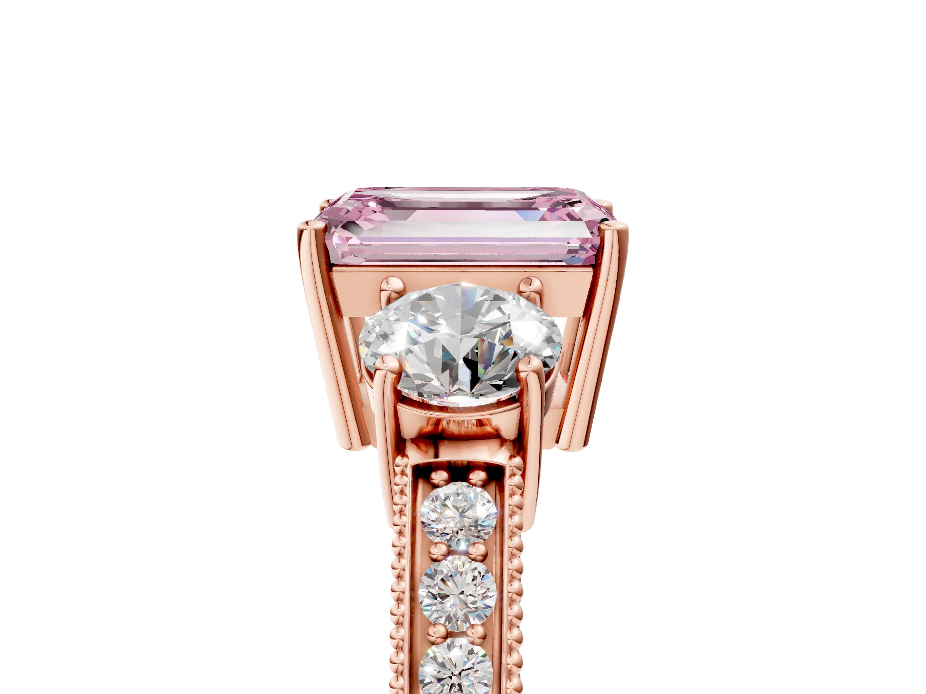 Rose gold Fancy Pink Emerald Cut Three-Stone Diamond Ring with Pavé Band and Four-Prong Setting_5