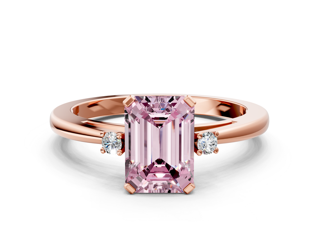 Rose gold Fancy Pink Emerald  Cut Three-Stone Solitaire Ring with Round Accent Diamonds and Four-Prong Setting_20
