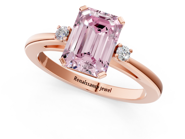 Rose gold Fancy Pink Emerald  Cut Three-Stone Solitaire Ring with Round Accent Diamonds and Four-Prong Setting