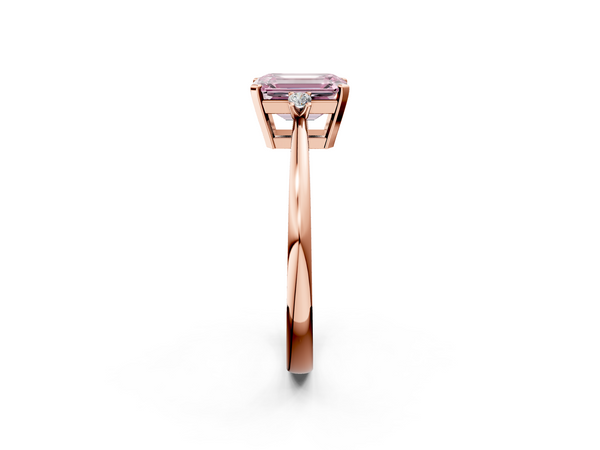Rose gold Fancy Pink Emerald  Cut Three-Stone Solitaire Ring with Round Accent Diamonds and Four-Prong Setting