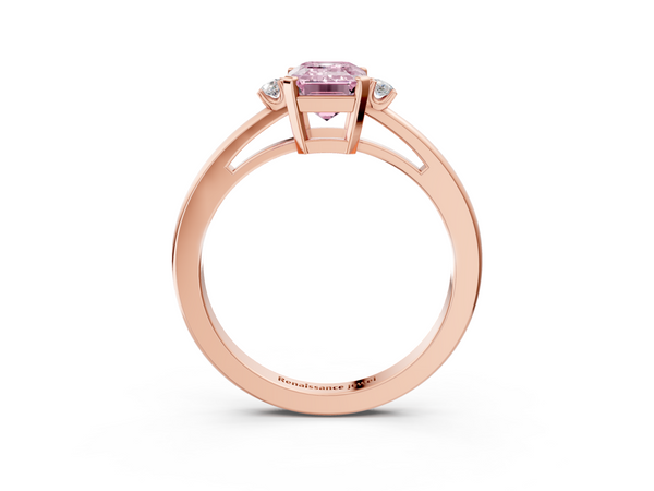 Rose gold Fancy Pink Emerald  Cut Three-Stone Solitaire Ring with Round Accent Diamonds and Four-Prong Setting