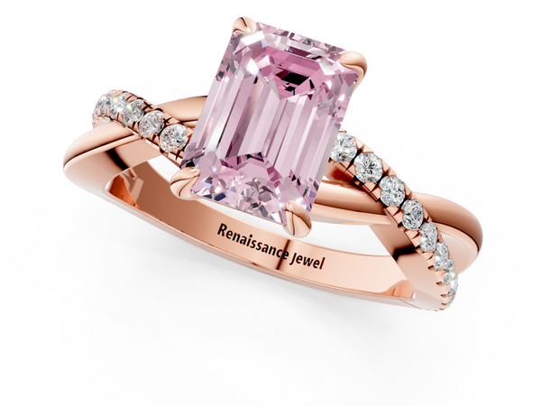 Rose gold Fancy Pink Emerald  Cut Twist Band Solitaire Diamond Ring with Pavé Setting