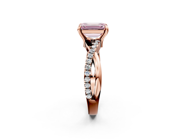 Rose gold Fancy Pink Emerald  Cut Twist Band Solitaire Diamond Ring with Pavé Setting