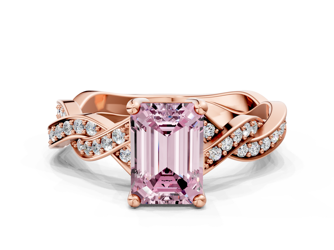 Rose gold Fancy Pink Emerald  Cut Twisted Pavé Band Solitaire Ring with Four-Prong Setting_55